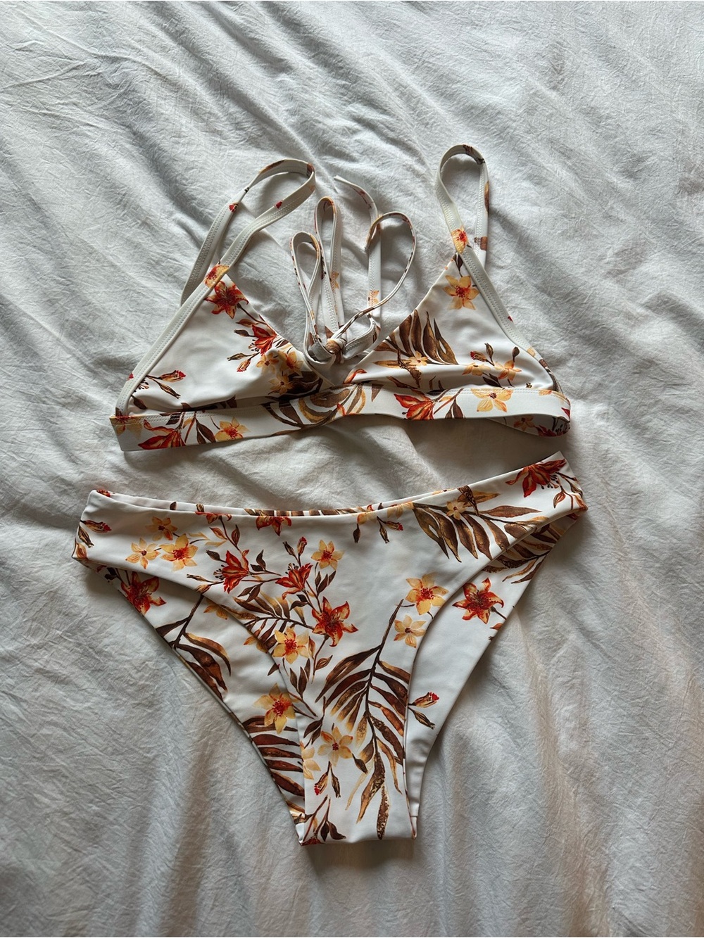 Kulani Kinis White Floral Bikini with Orange and Brown Accents